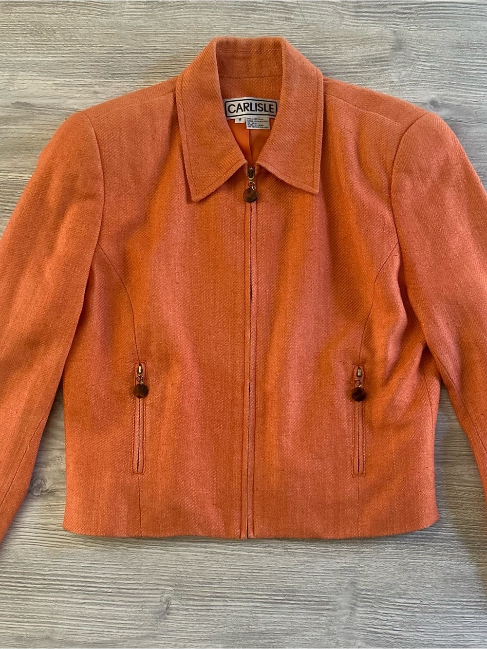 Vintage CARLISLE Coral Orange Woven Silk Blend Zip Tweed Structured Jacket 8